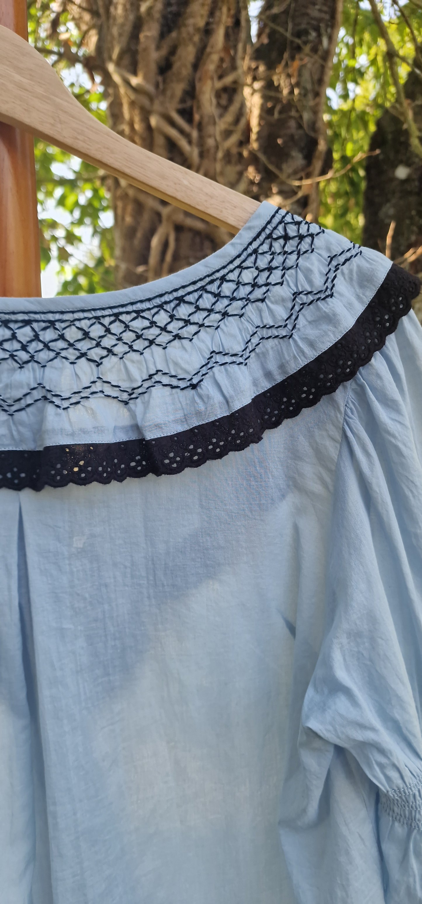 Odd Molly Embroidered V-Neck Folk Blouse in Pastel Blue