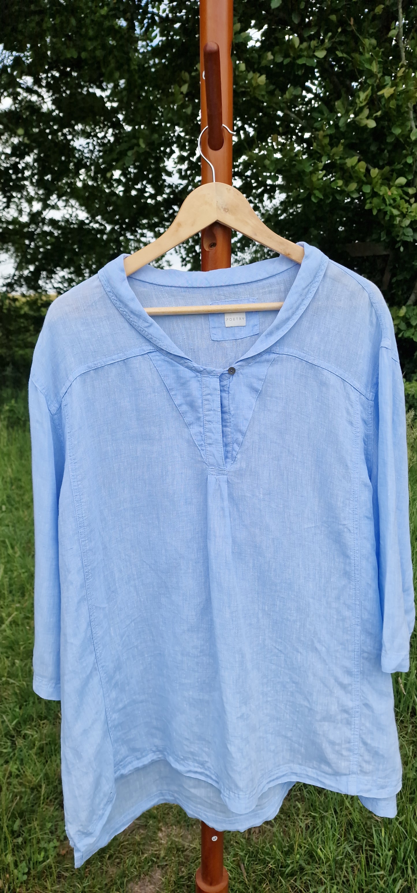 Poetry Pure Linen Split Neck Tunic Top in Cornflower Blue (Best Fits UK 16 - 20)