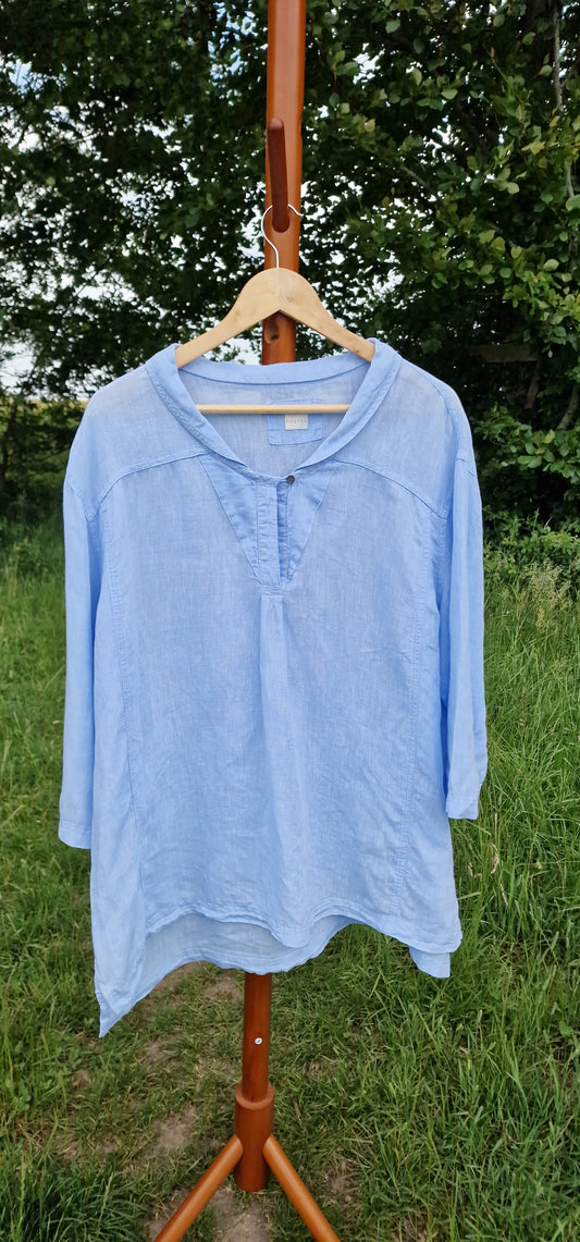 Poetry Pure Linen Split Neck Tunic Top in Cornflower Blue (Best Fits UK 16 - 20)