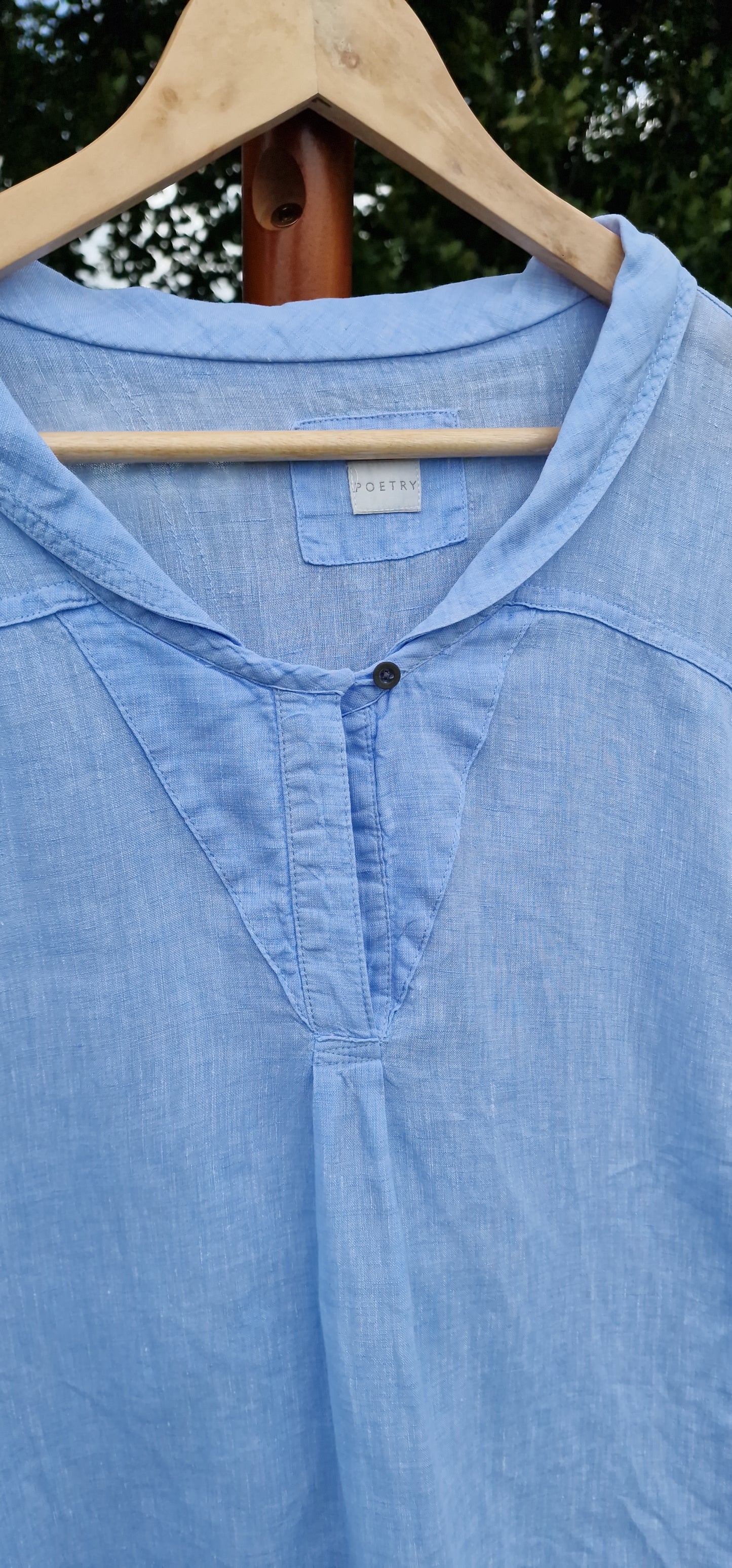 Poetry Pure Linen Split Neck Tunic Top in Cornflower Blue (Best Fits UK 16 - 20)
