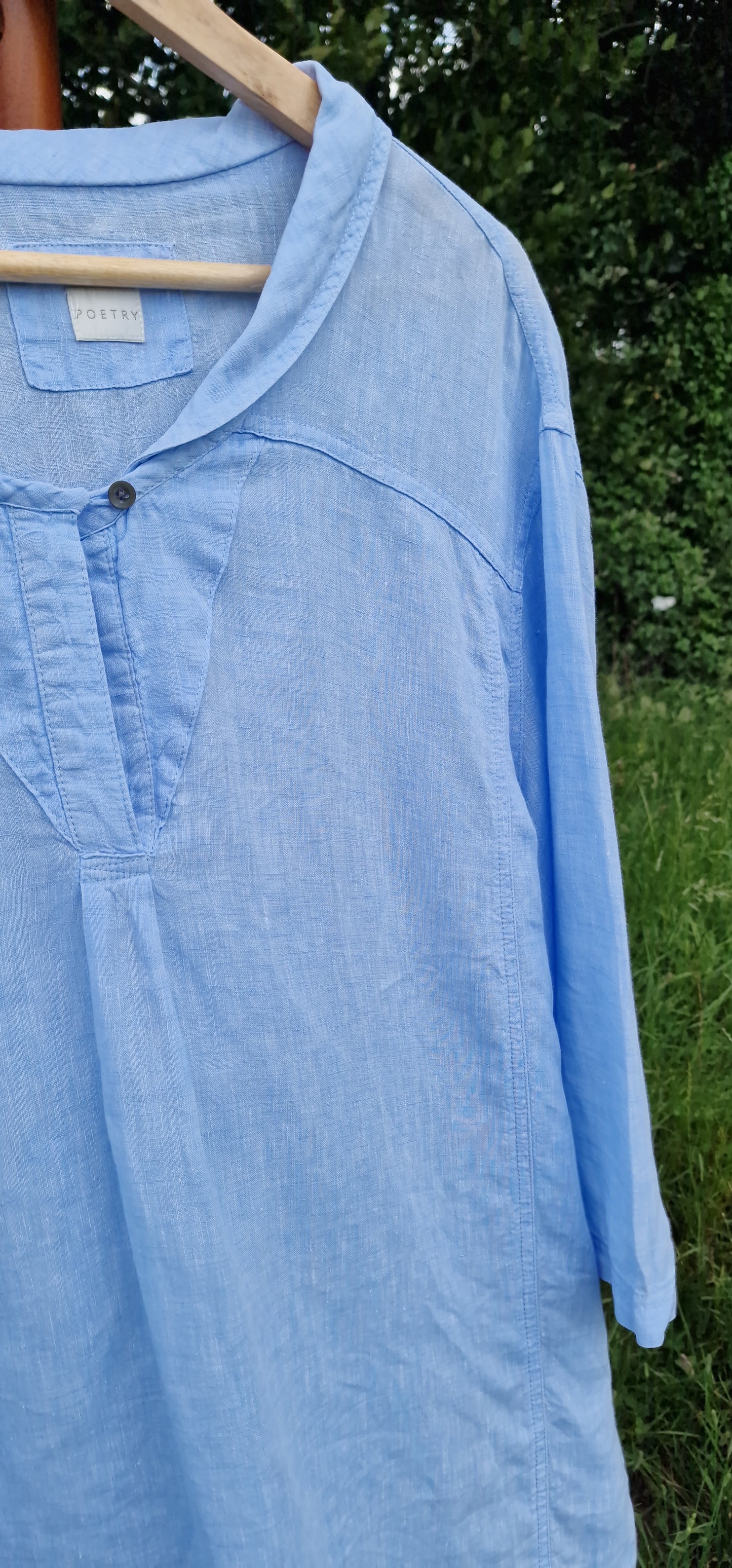 Poetry Pure Linen Split Neck Tunic Top in Cornflower Blue (Best Fits UK 16 - 20)