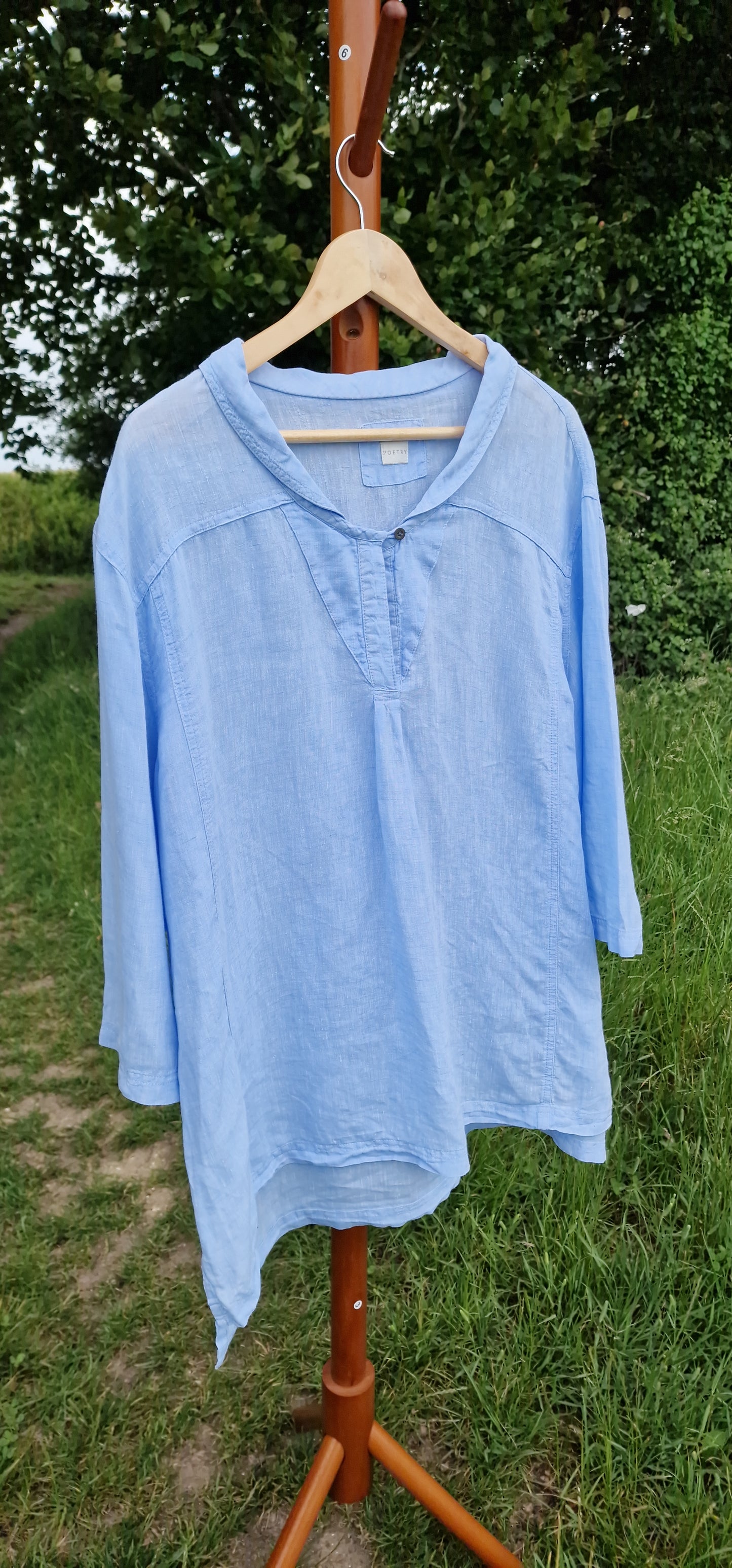 Poetry Pure Linen Split Neck Tunic Top in Cornflower Blue (Best Fits UK 16 - 20)