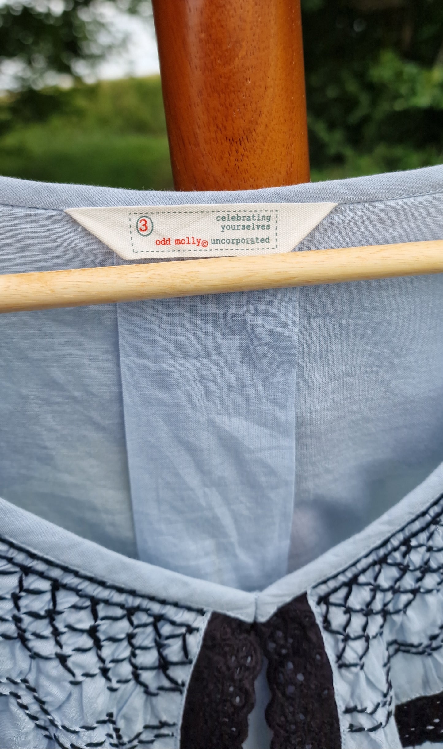 Odd Molly Embroidered V-Neck Folk Blouse in Pastel Blue