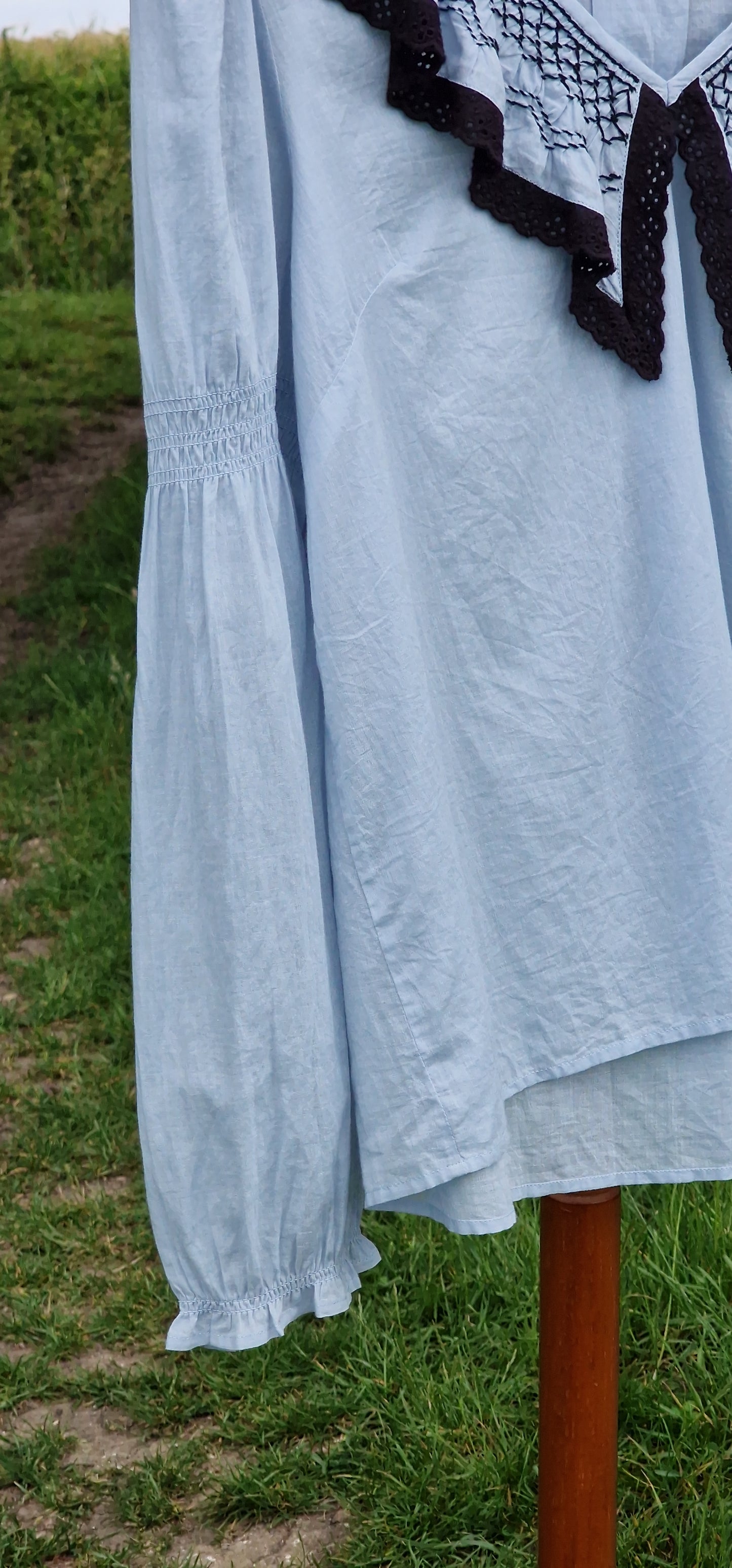 Odd Molly Embroidered V-Neck Folk Blouse in Pastel Blue