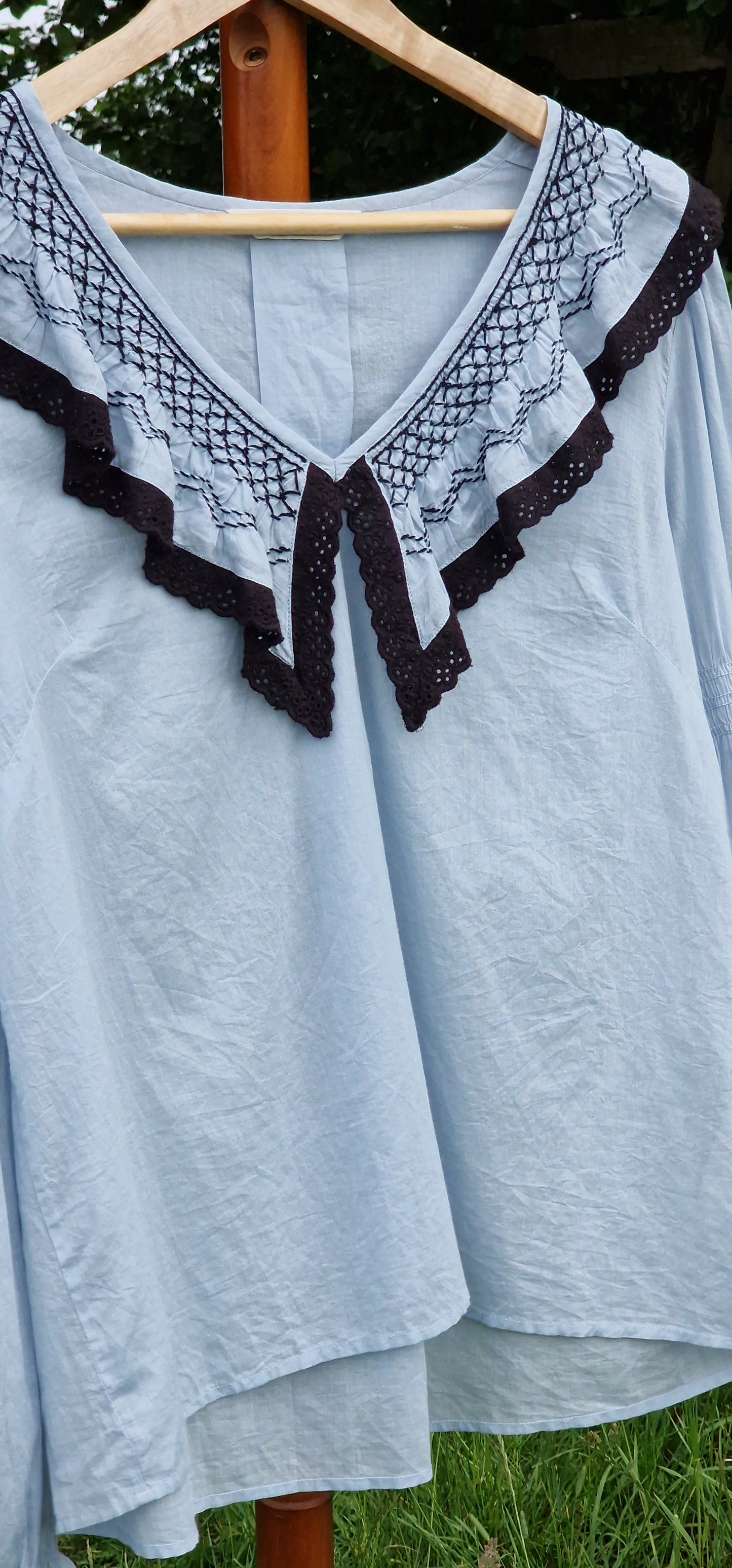 Odd Molly Embroidered V-Neck Folk Blouse in Pastel Blue