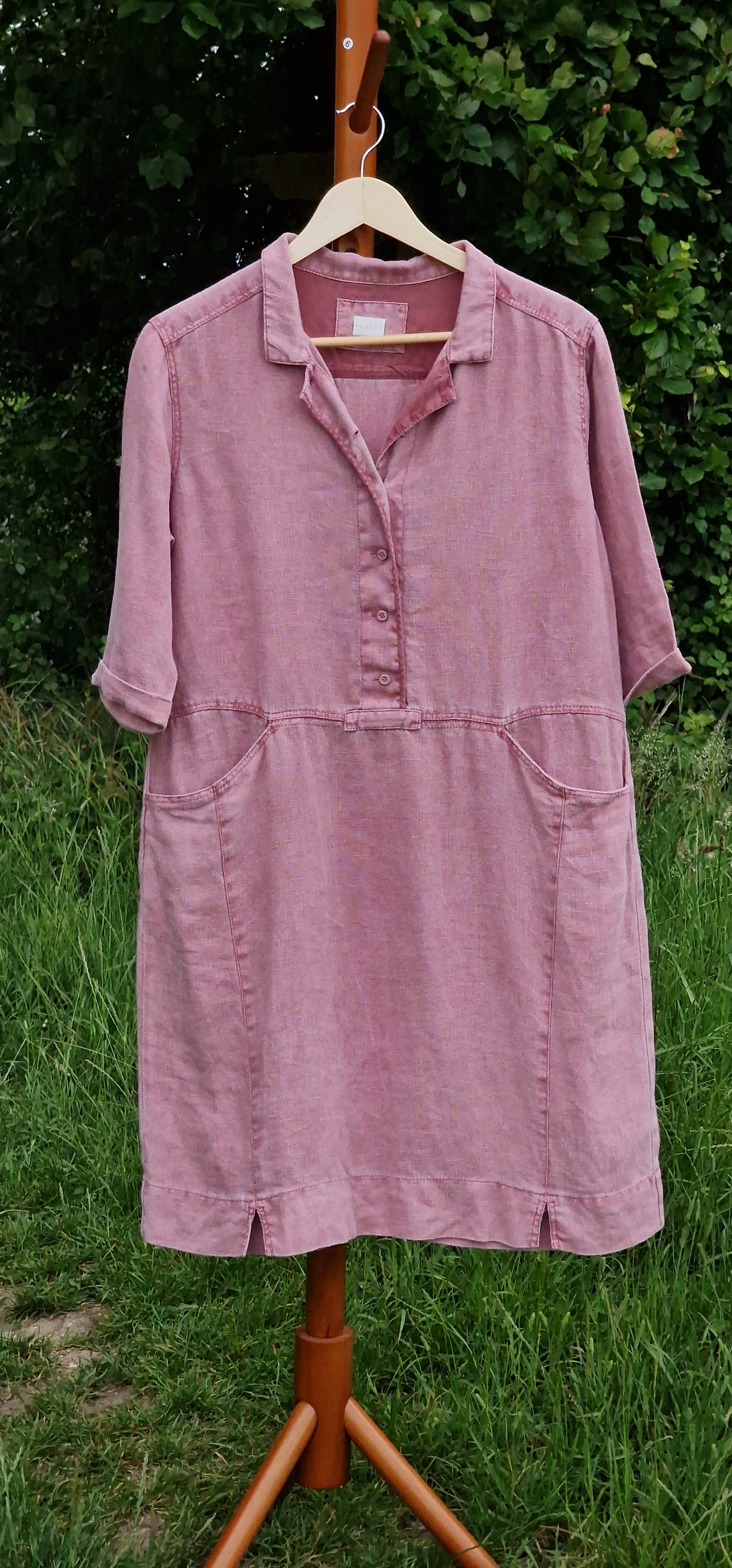 Poetry Pure Linen Button-Up Pocket Dress in Dusty Rose