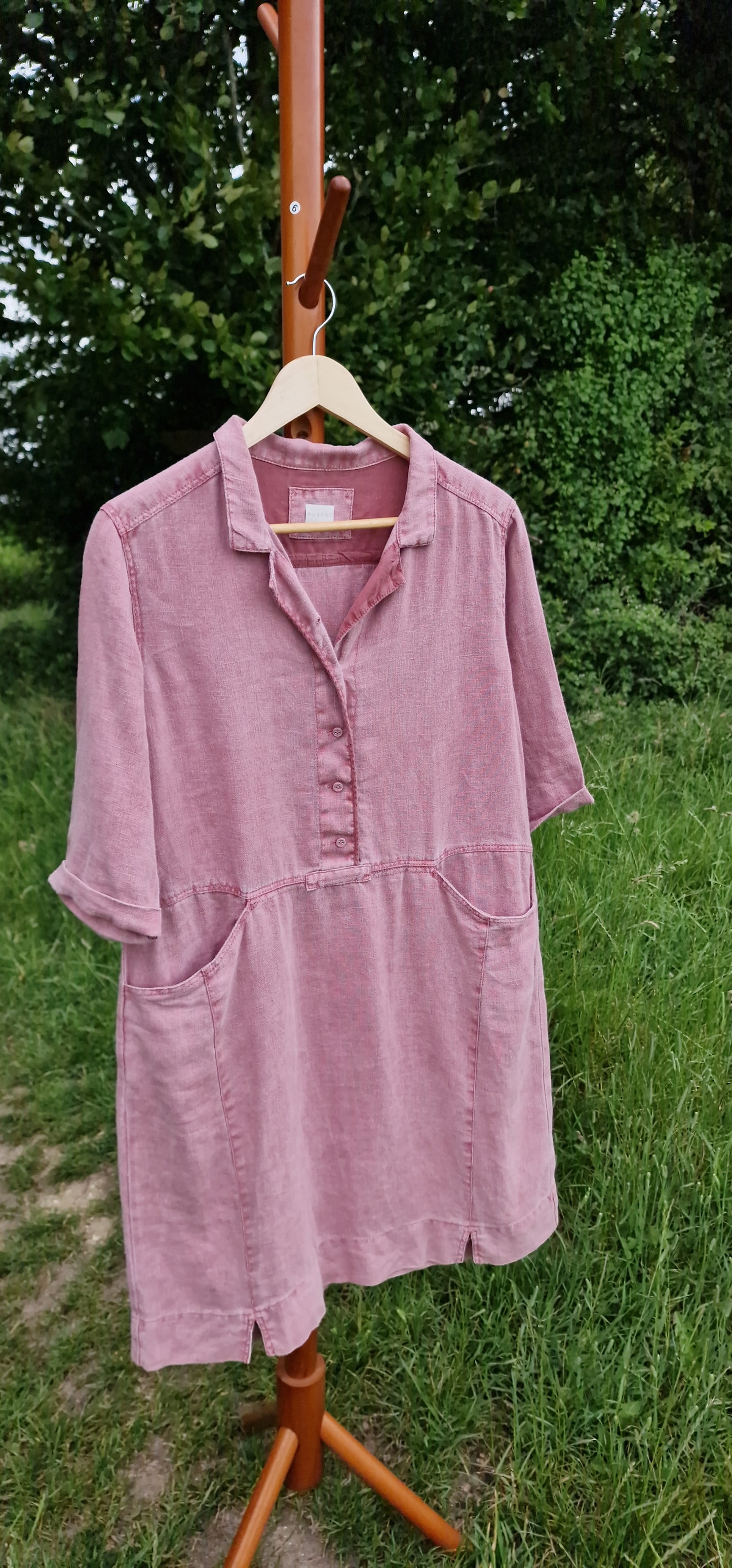 Poetry Pure Linen Button-Up Pocket Dress in Dusty Rose