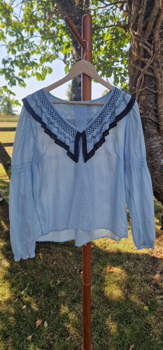 Odd Molly Embroidered V-Neck Folk Blouse in Pastel Blue