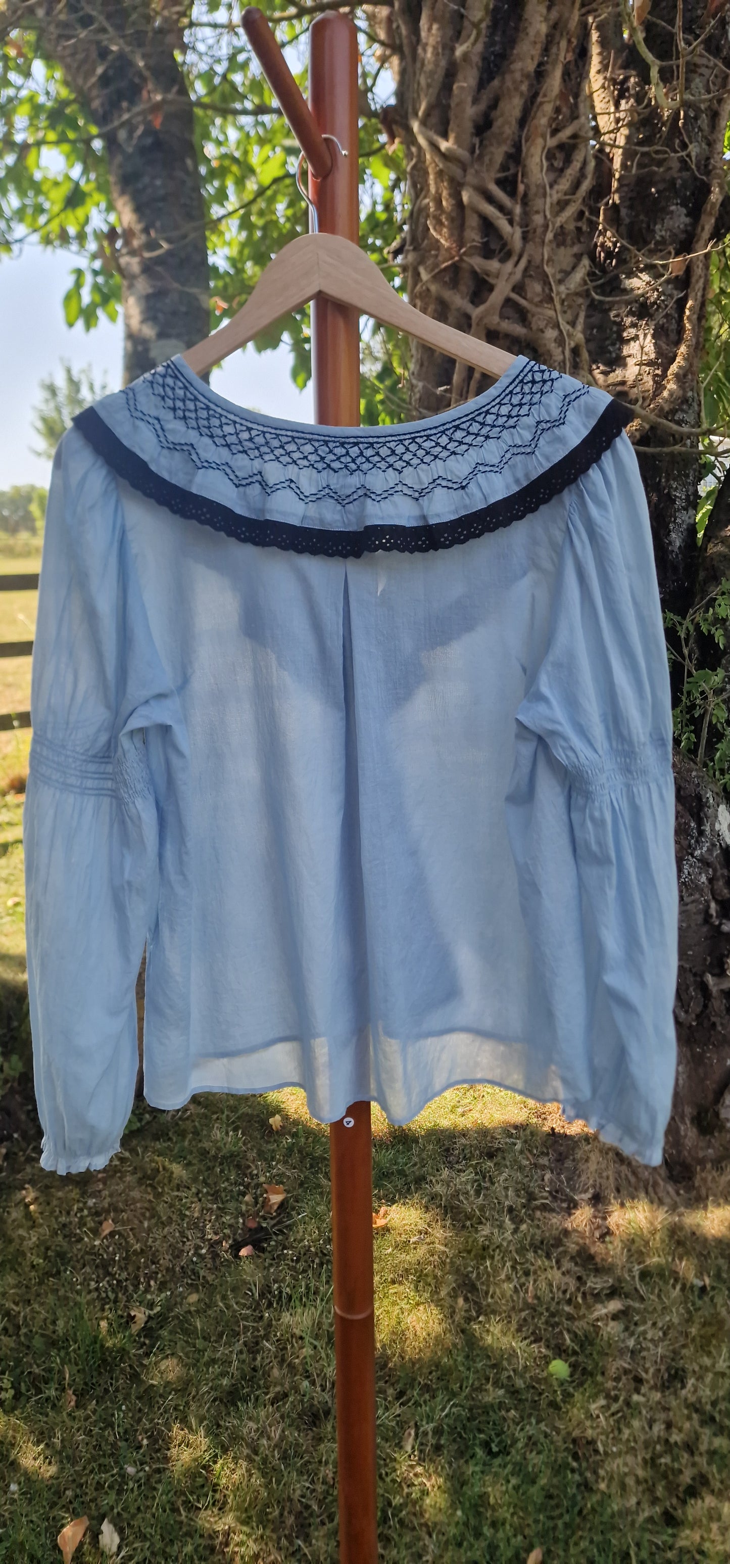 Odd Molly Embroidered V-Neck Folk Blouse in Pastel Blue